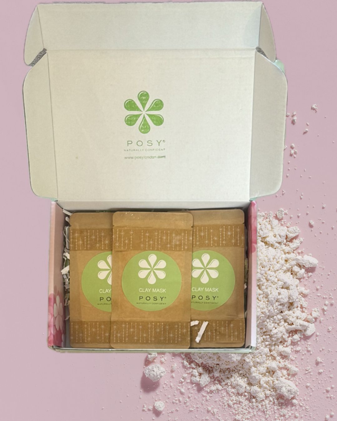 Open box containing POSY clay mask packaging