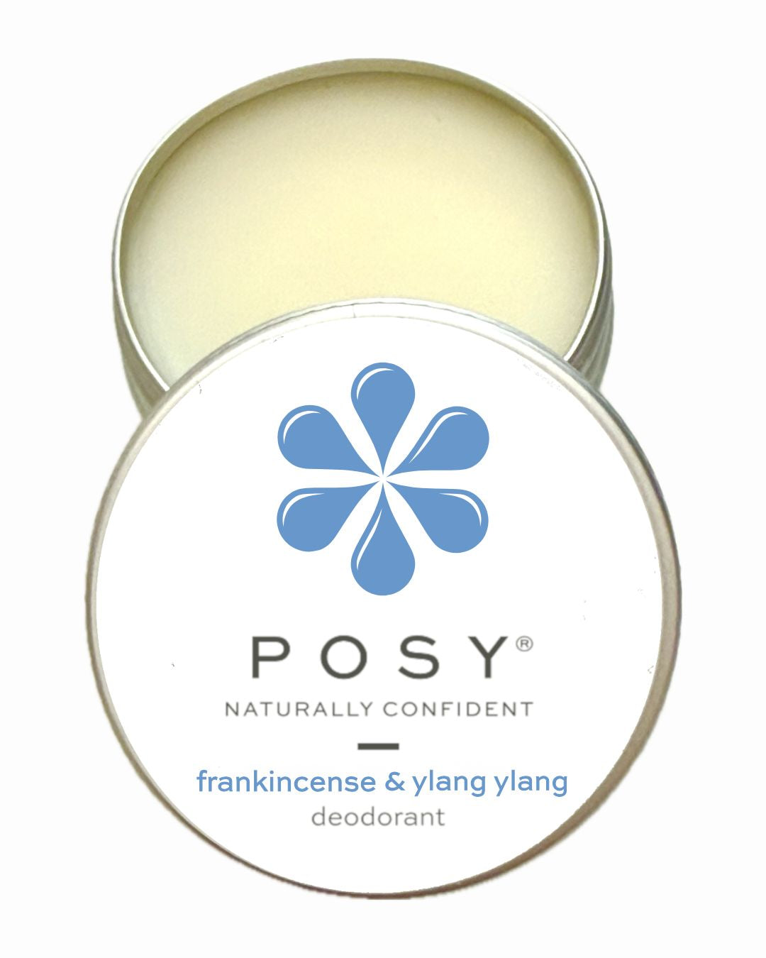 POSY natural deodorant in refillable tin. Frankincense and ylang ylang