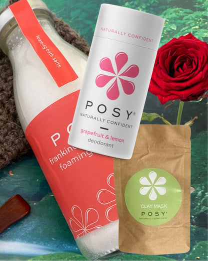 POSY including a  bottle of foaming bath salts POSY natural deodorant and a make your own clay mask  ,