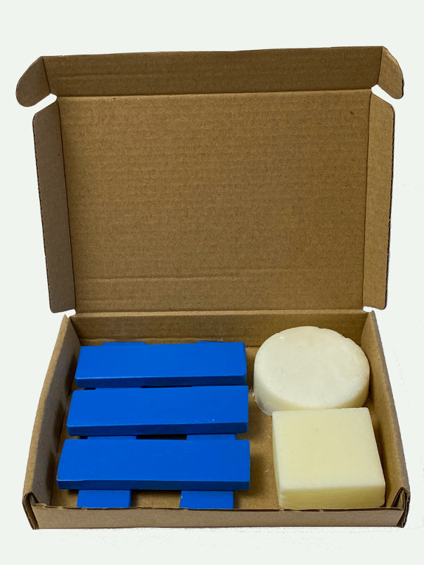 POSY shampoo and conditioner bar with blue soap dish