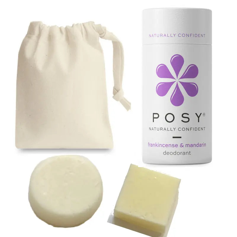 Collection of Posy frankincense and mandarin deodorant shampoo and conditioner bar with cotton bag