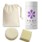 Collection of Posy frankincense and mandarin deodorant shampoo and conditioner bar with cotton bag