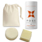 Collection of Pose ginger and grapefruit deodorant shampoo and conditioner bar with cotton bag