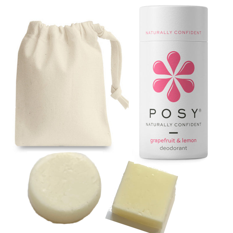 Collection of Posy grapefruit and lemon deodorant shampoo and conditioner bar with cotton bag