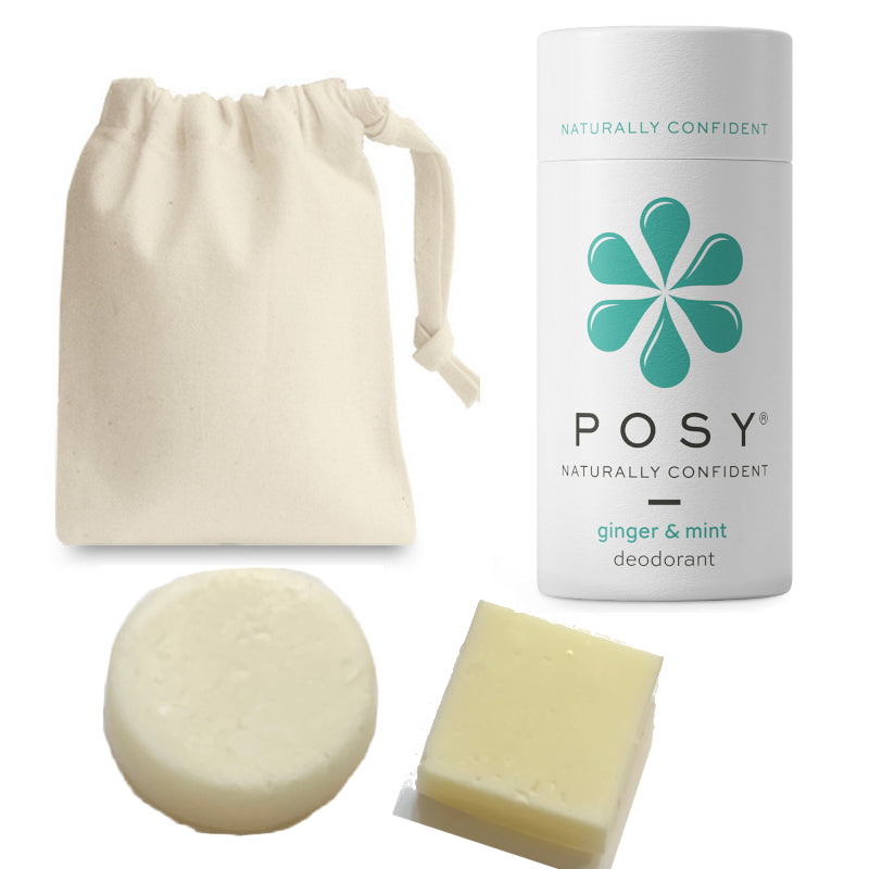Collection of Posy ginger and mint deodorant shampoo and conditioner bar with cotton bag