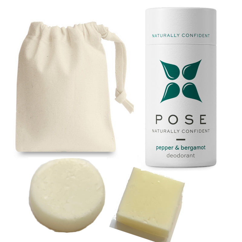 Collection of Pose pepper and bergamot deodorant shampoo and conditioner bar with cotton bag