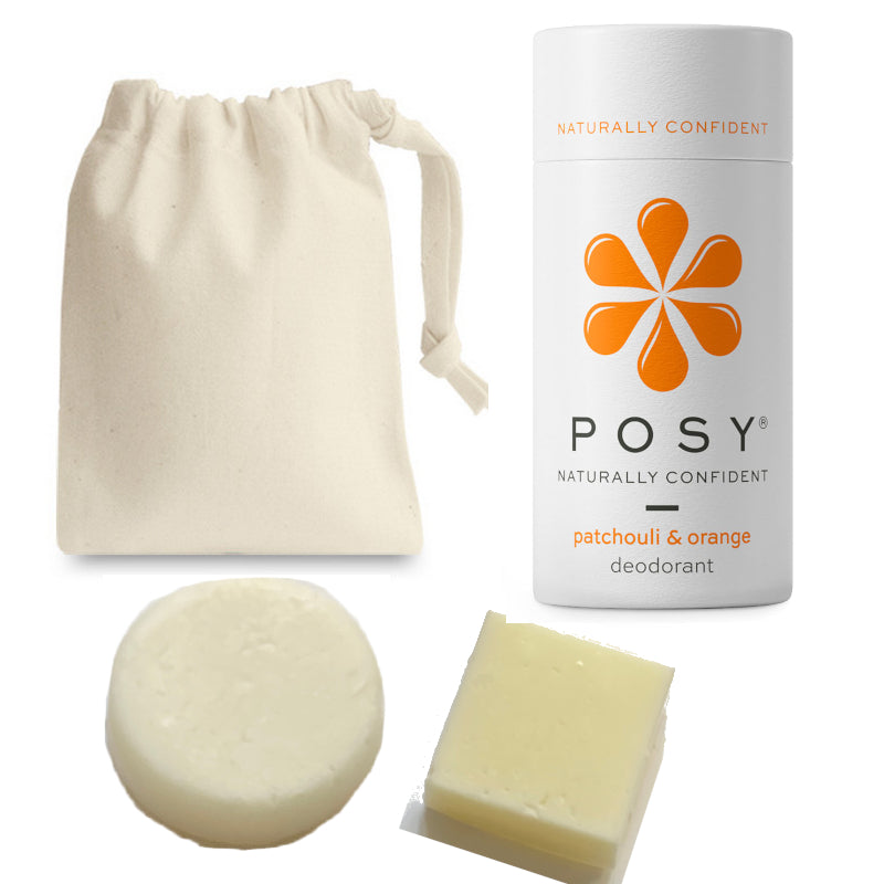 Collection of Posy patchouli and orange deodorant shampoo and conditioner bar with cotton bag