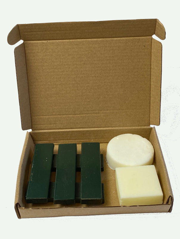 POSY shampoo and conditioner bar with green wooden soap dish