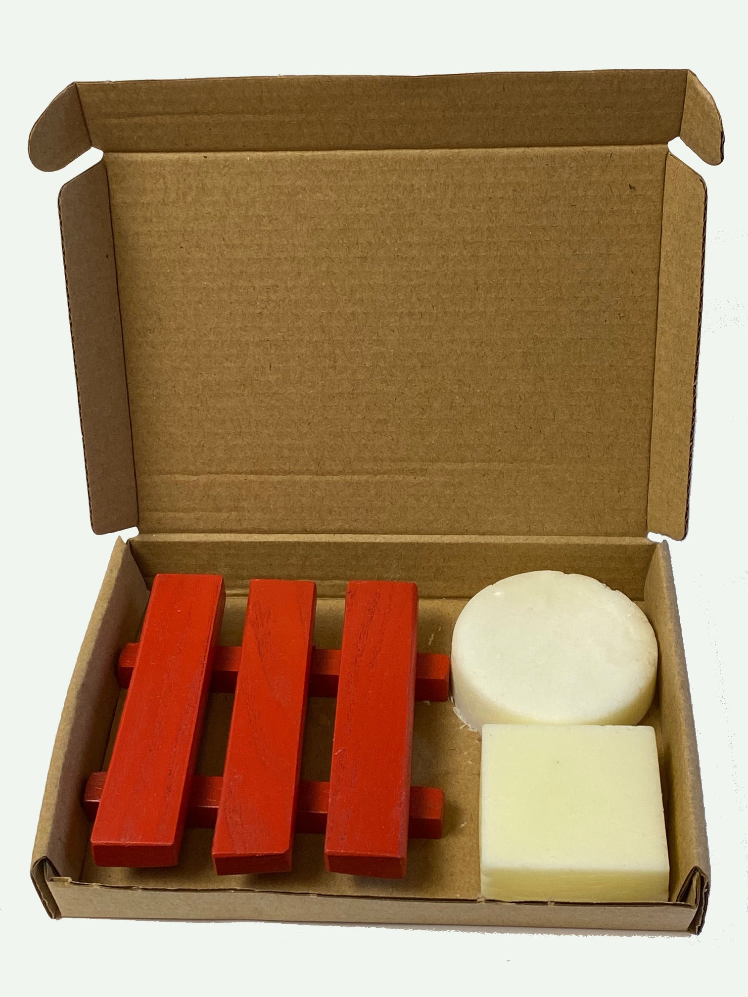 POSY shampoo and conditioner bar with red wooden soap dish