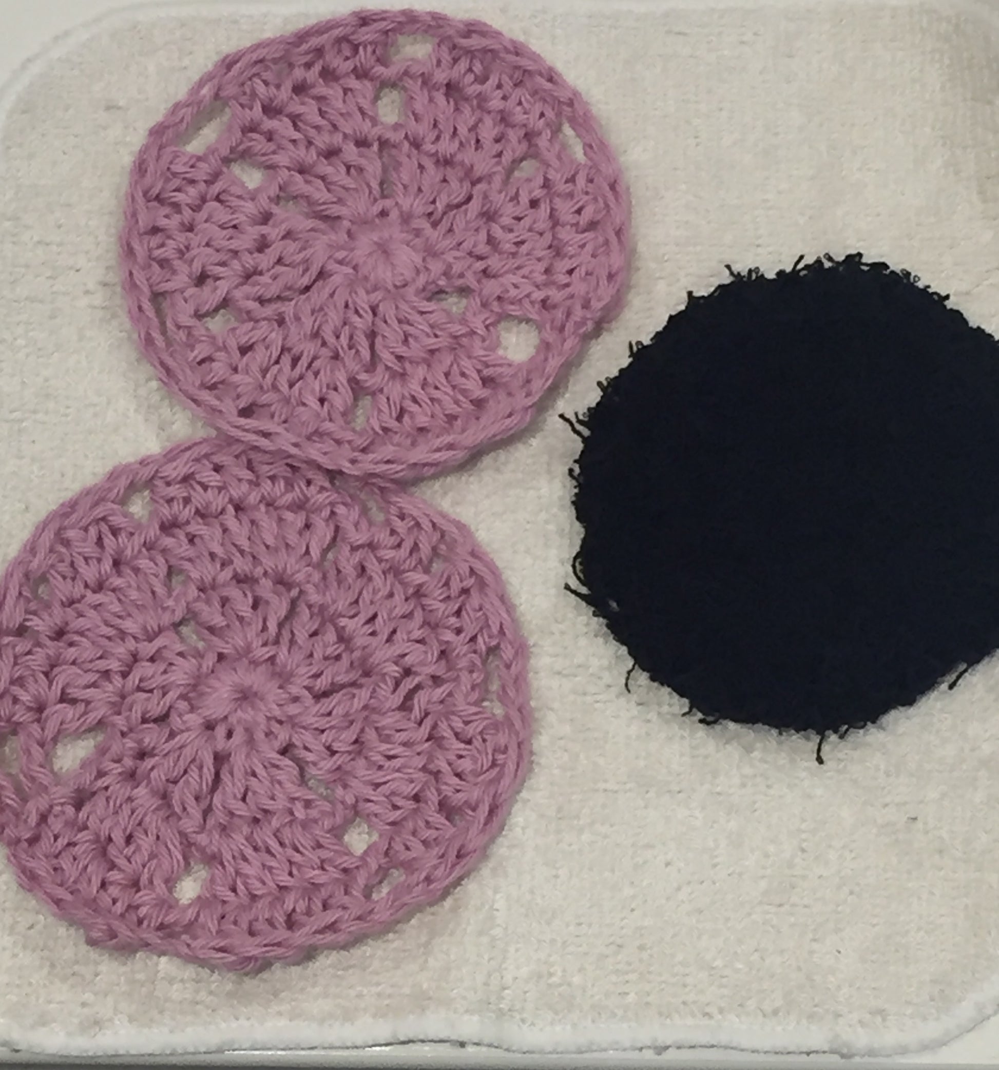 one cotton exfoliator and two cotton scrubbies to replace cotton wool