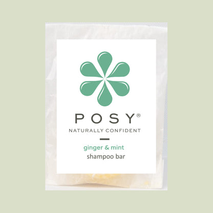 POSY ginger and mint shampoo bar in eco-friendly glassine bag