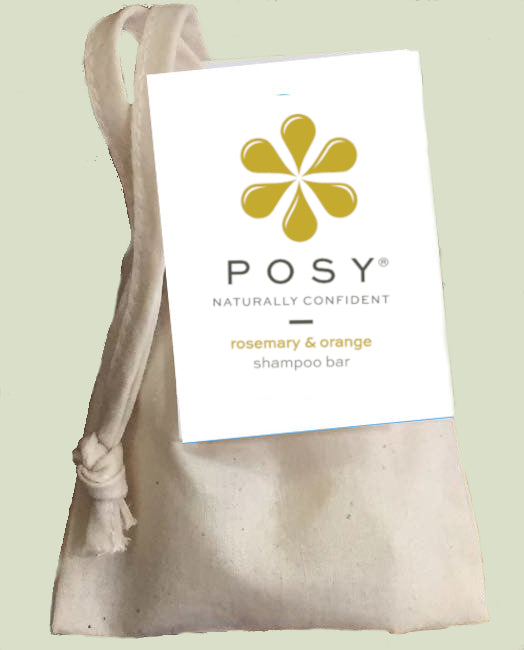 POSY rosemary and orange shampoo bar in a cotton bag